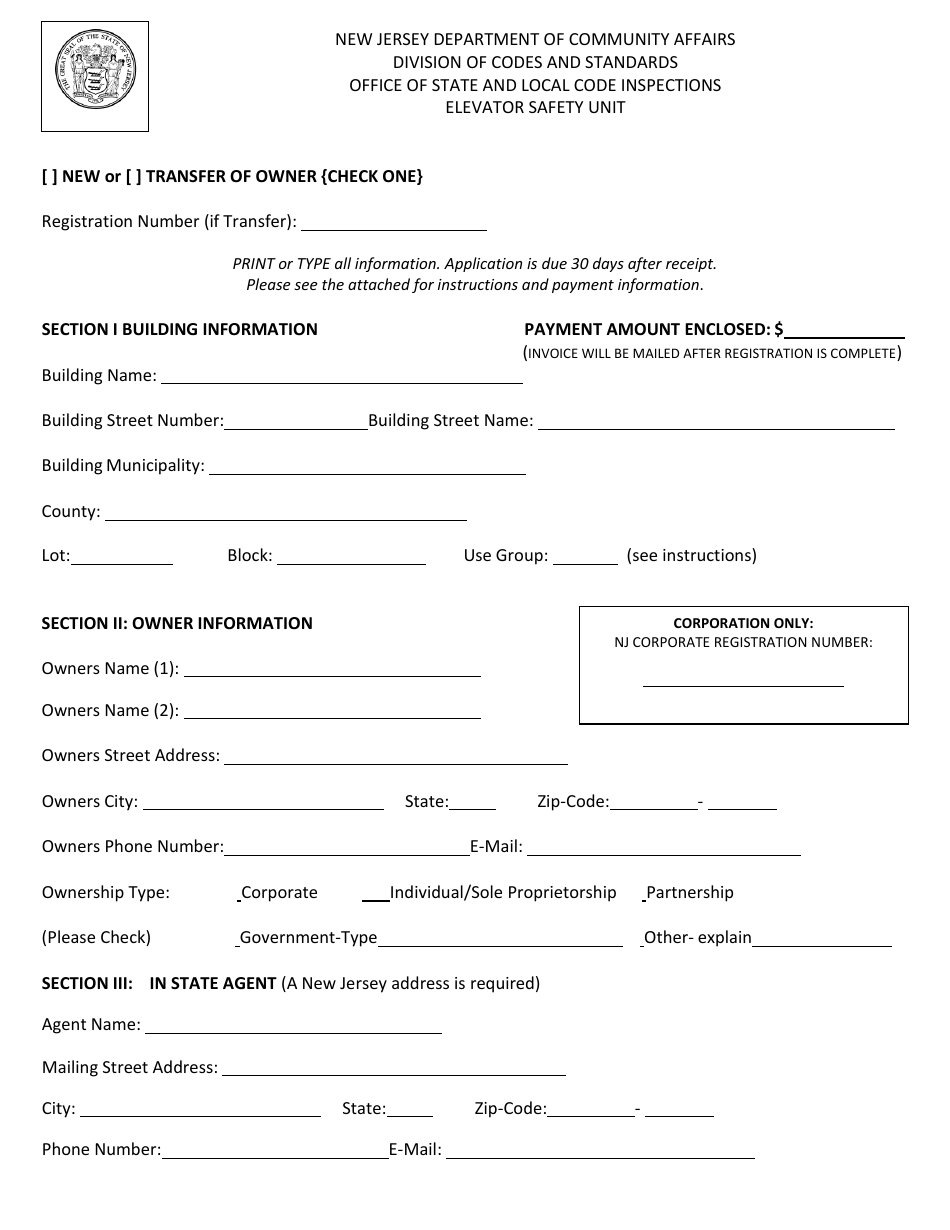 Application for Registration and / or Transfer of Owner - New Jersey, Page 1