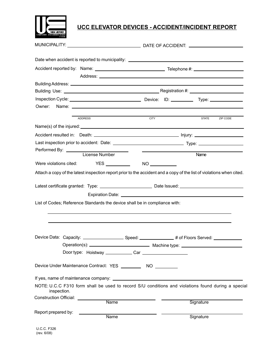 Form UCC-F326 Ucc Elevator Devices - Accident/Incident Report - New Jersey, Page 1