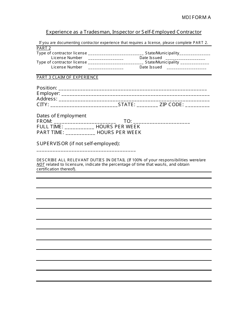 MDI Form A Experience as a Tradesman, Inspector or Self-employed Contractor - New Jersey, Page 1