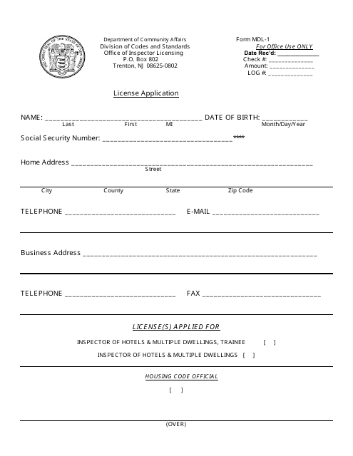 Form MDL-1 License Application - New Jersey