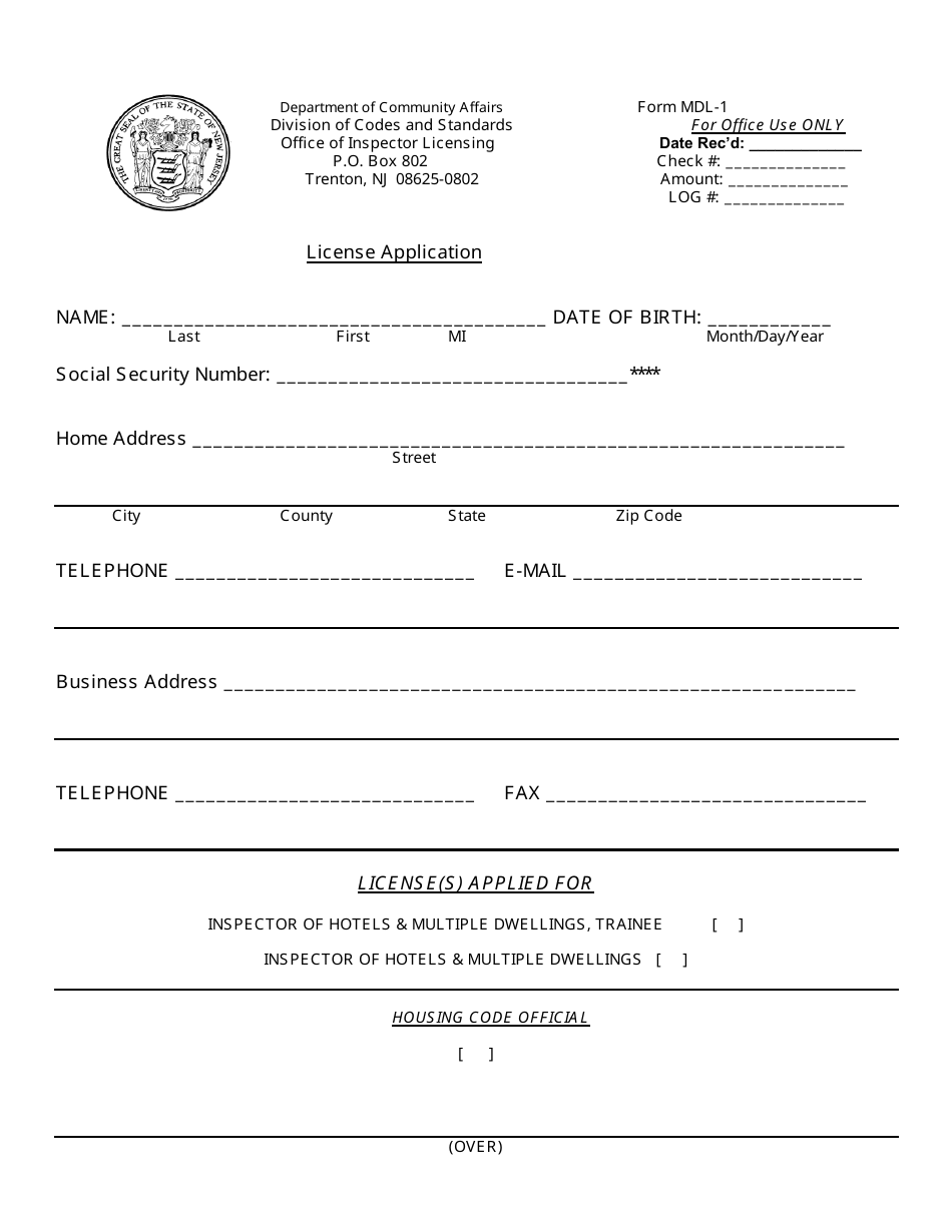 Form MDL-1 License Application - New Jersey, Page 1