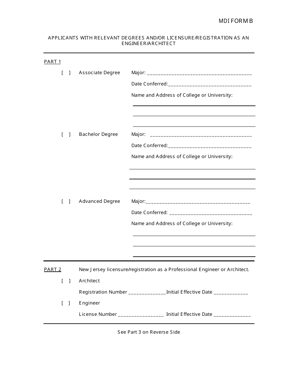 MDI Form B Applicants With Relevant Degrees and / or Licensure / Registration as an Engineer / Architect - New Jersey, Page 1