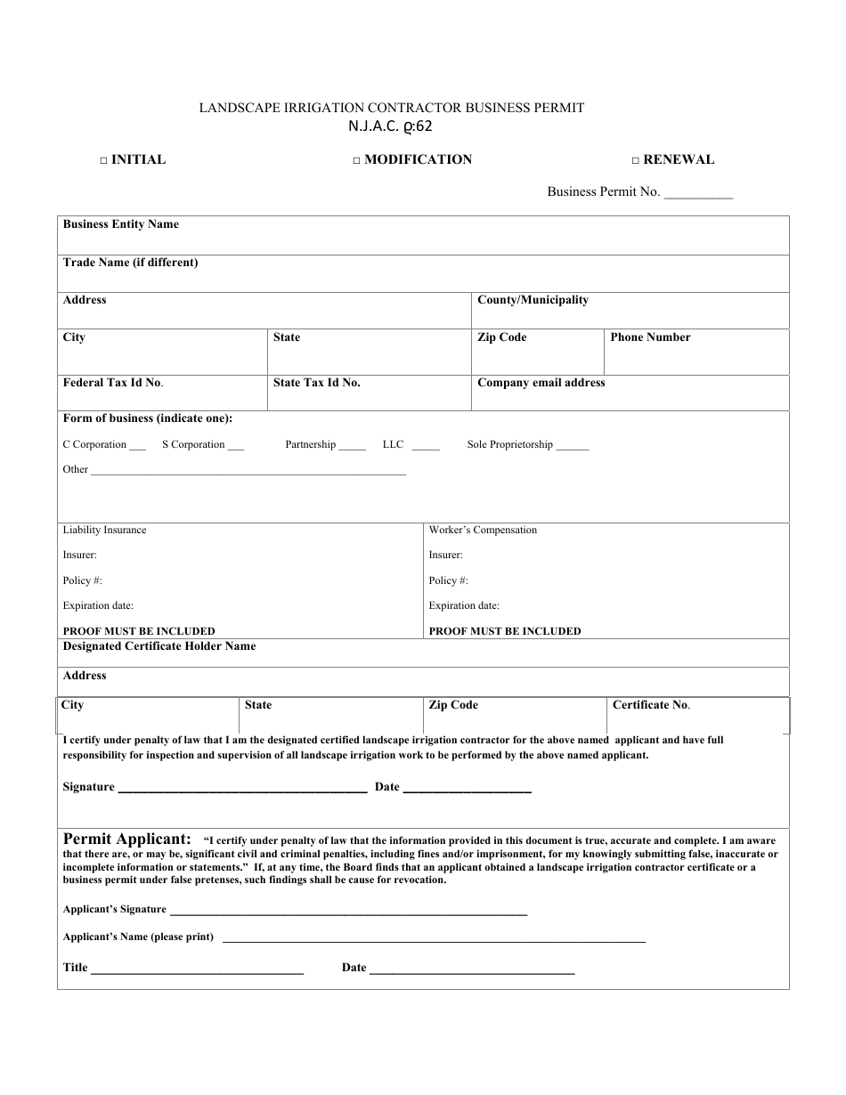 New Jersey Landscape Irrigation Contractor Business Permit - Fill Out ...