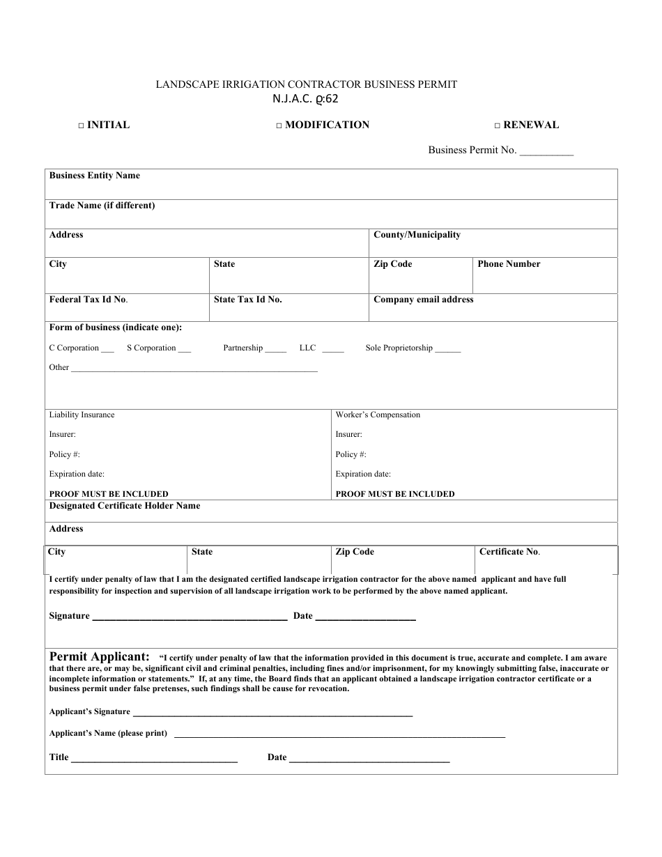 Landscape Irrigation Contractor Business Permit - New Jersey, Page 1