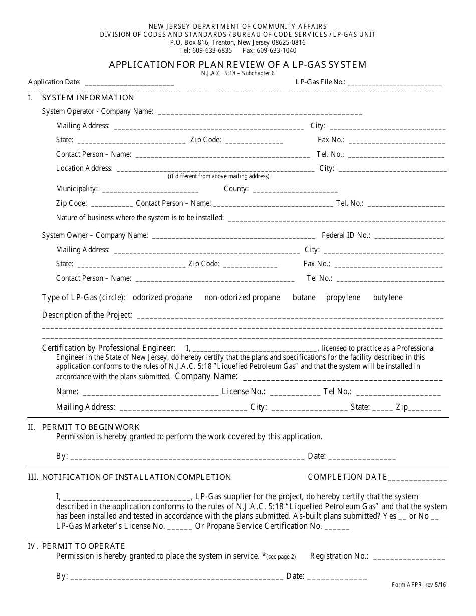 Form AFPR Application for Plan Review of a Lp-Gas System - New Jersey, Page 1