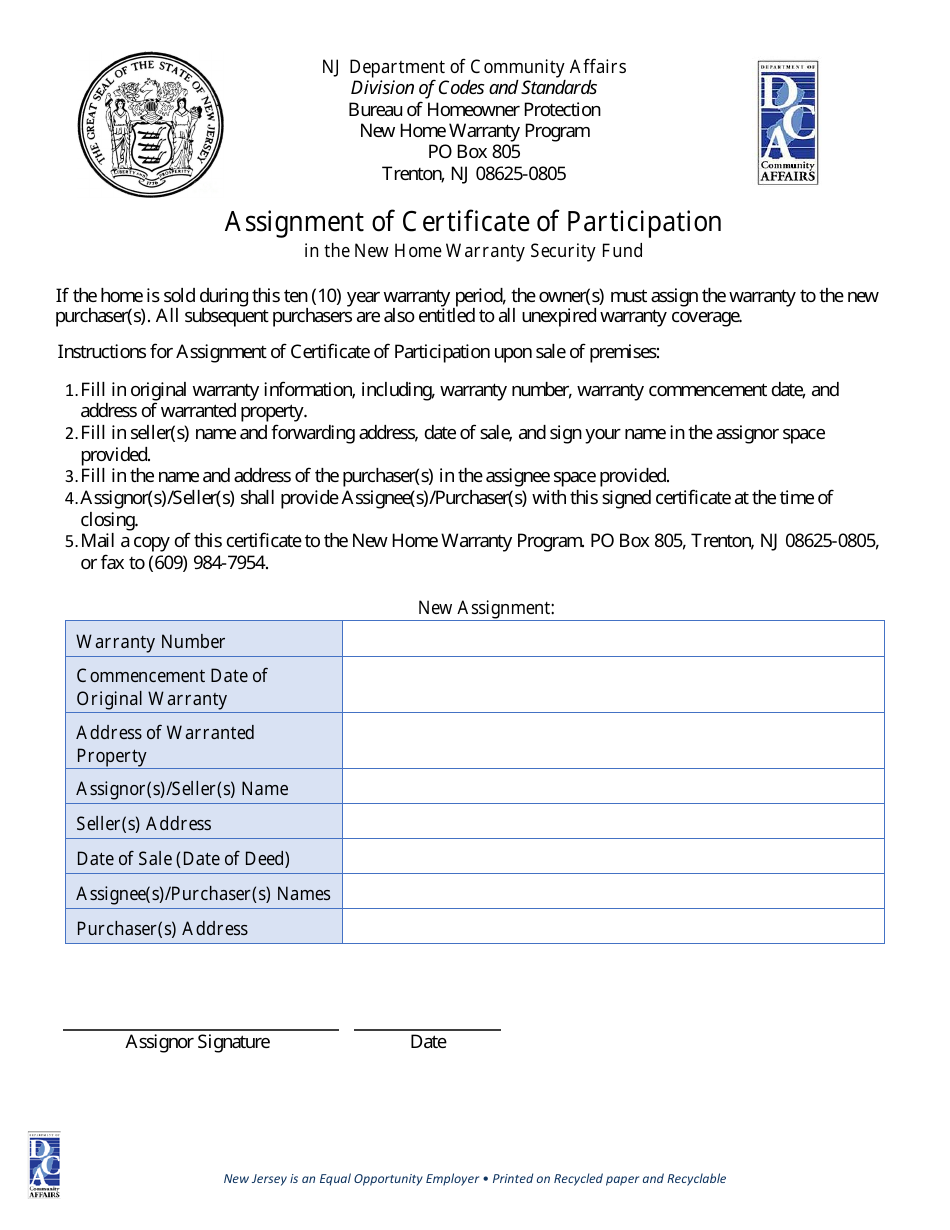 Assignment of Certificate of Participation in the New Home Warranty Security Fund - New Jersey, Page 1