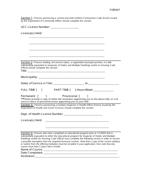 Form F Form for Applicants With Licenses (Ucc, Civil Service, Health) - New Jersey