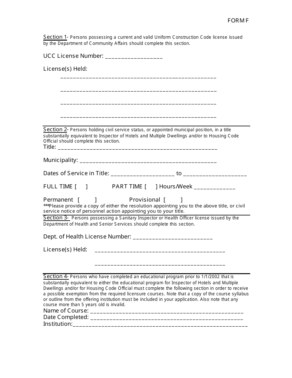 Form F Form for Applicants With Licenses (Ucc, Civil Service, Health) - New Jersey, Page 1