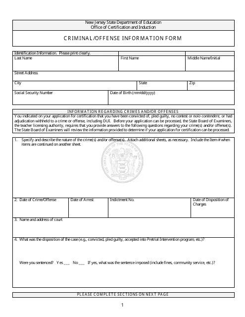 Criminal / Offense Information Form - New Jersey Download Pdf