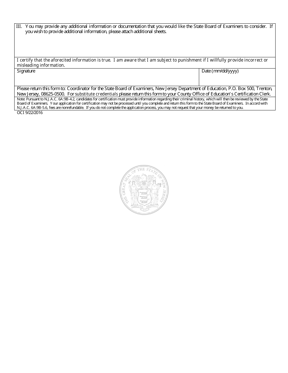 Additional Information for the Oath of Allegiance for the Application of Certification - New Jersey, Page 2