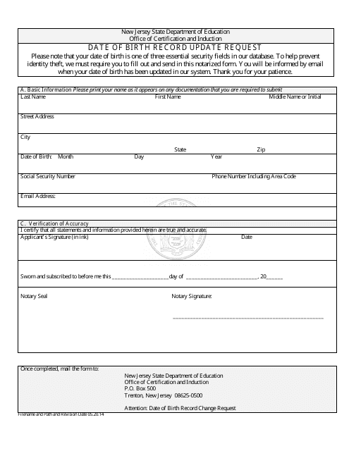Date of Birth Record Update Request - New Jersey Download Pdf