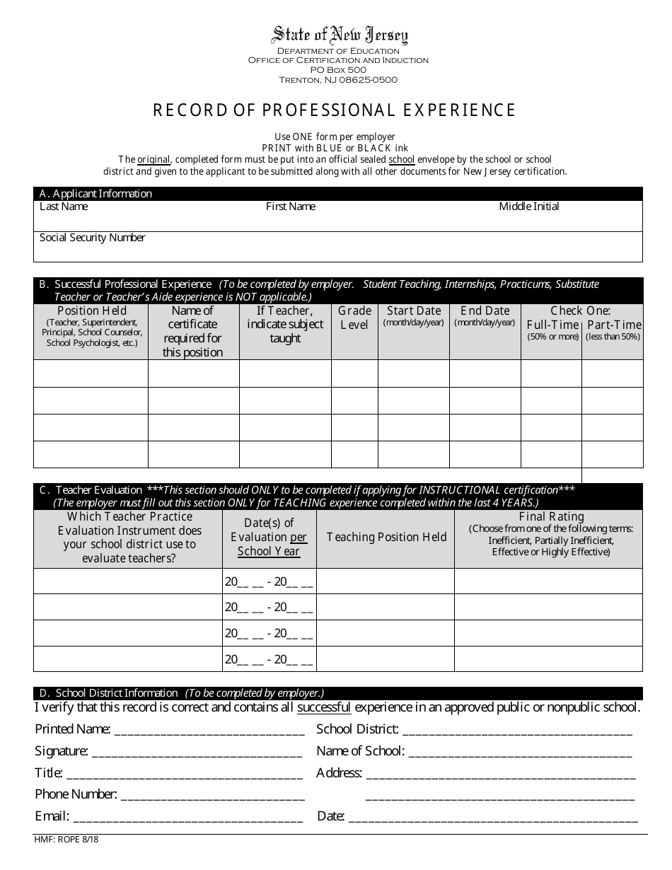 Record of Professional Experience - New Jersey, Page 1