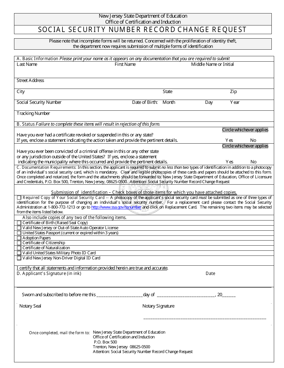 Social Security Number Record Change Request - New Jersey, Page 1