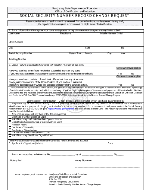 "Social Security Number Record Change Request" - New Jersey Download Pdf