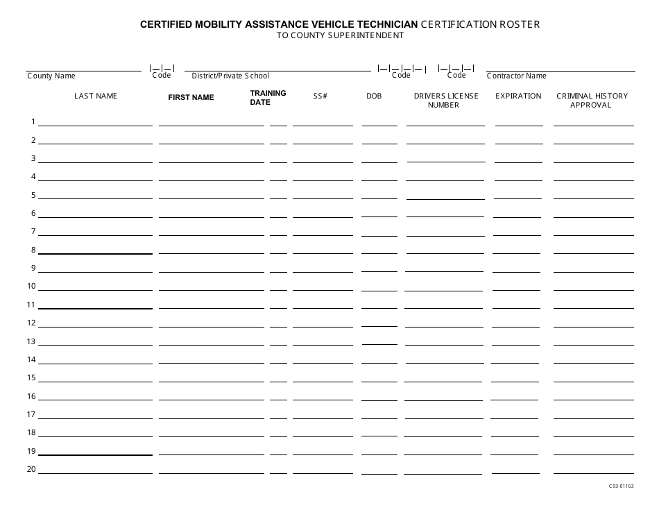 Form C93-01163 Certified Mobility Assistance Vehicle Technician Certification Roster - New Jersey, Page 1