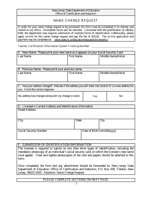 Name Change Request - New Jersey Download Pdf