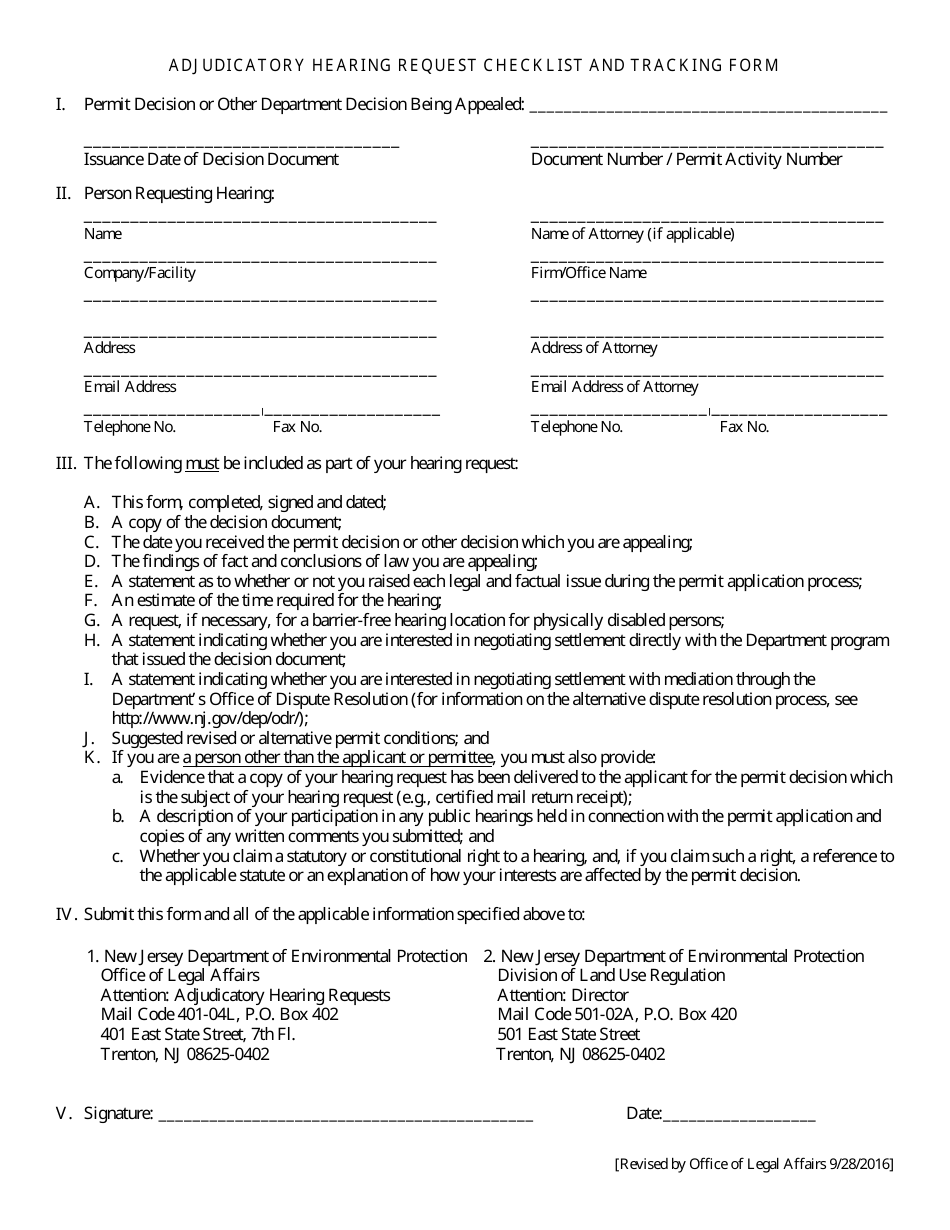 Adjudicatory Hearing Request Checklist and Tracking Form - New Jersey, Page 1