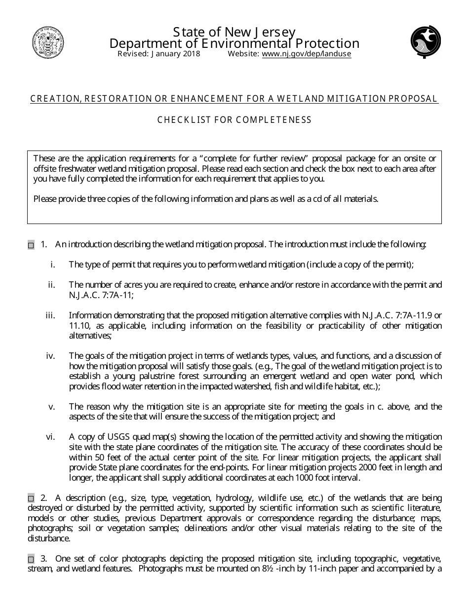 Creation, Restoration or Enhancement for a Wetland Mitigation Proposal Checklist - New Jersey, Page 1