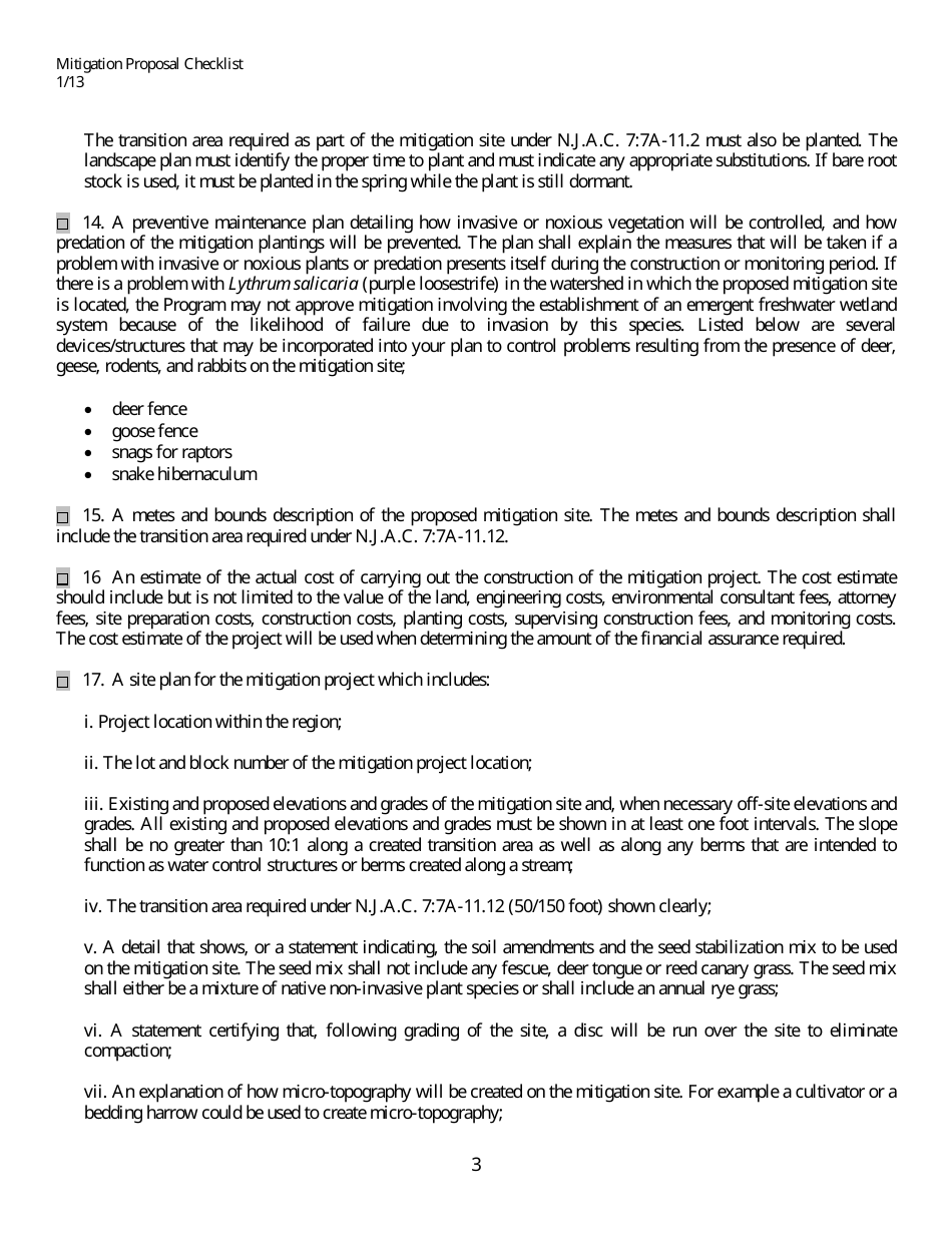 Creation, Restoration or Enhancement for a Wetland Mitigation Proposal Checklist - New Jersey, Page 3