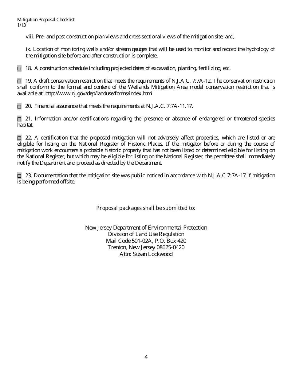 Creation, Restoration or Enhancement for a Wetland Mitigation Proposal Checklist - New Jersey, Page 4