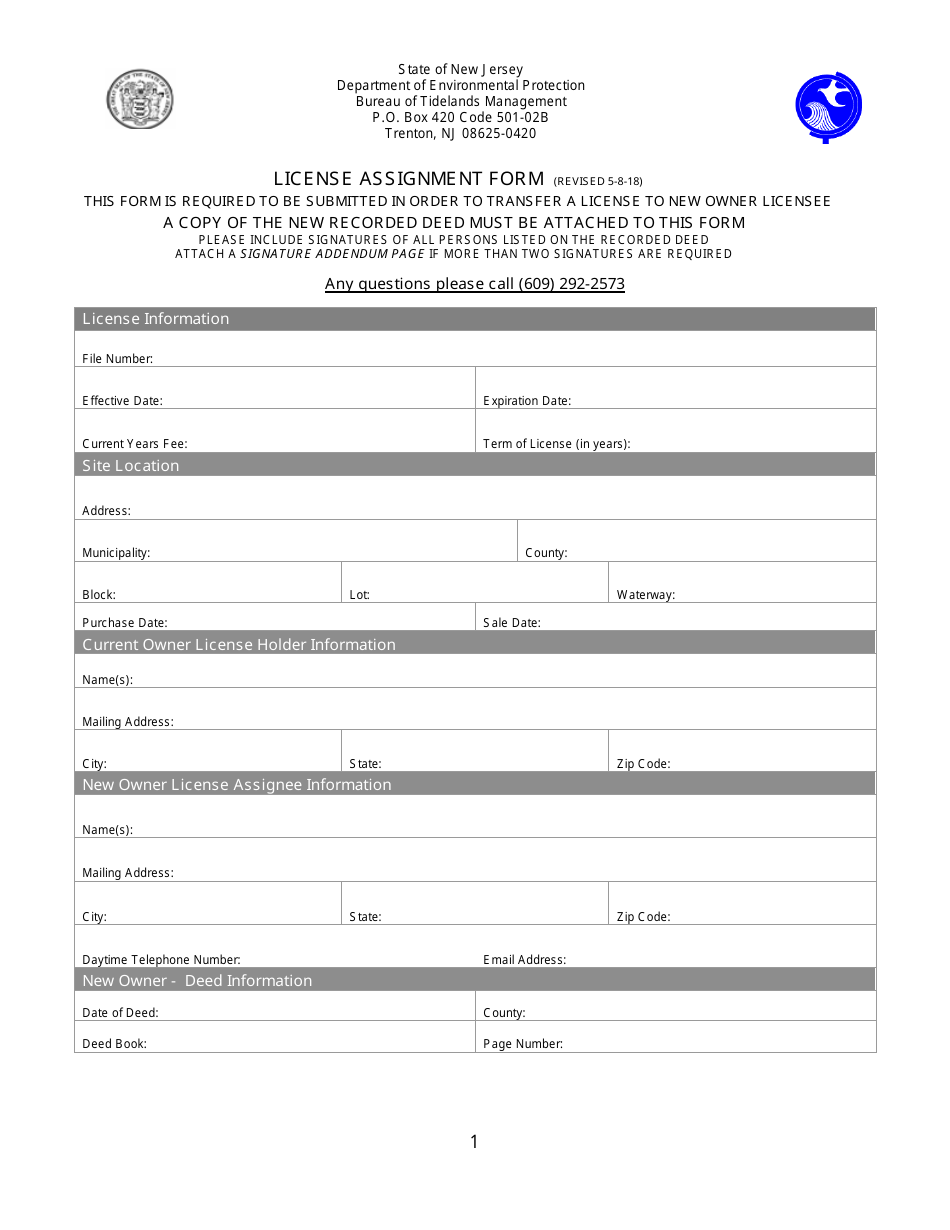 License Assignment Form - New Jersey, Page 1