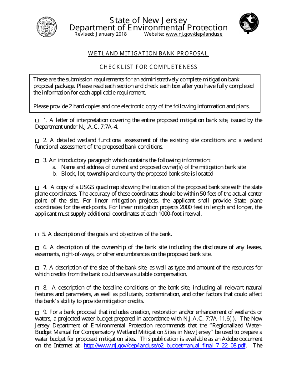 Wetland Mitigation Bank Proposal Checklist - New Jersey, Page 1
