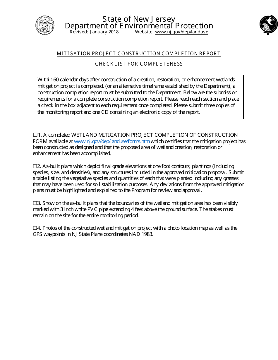 Mitigation Project Construction Completion Report Checklist - New Jersey, Page 1