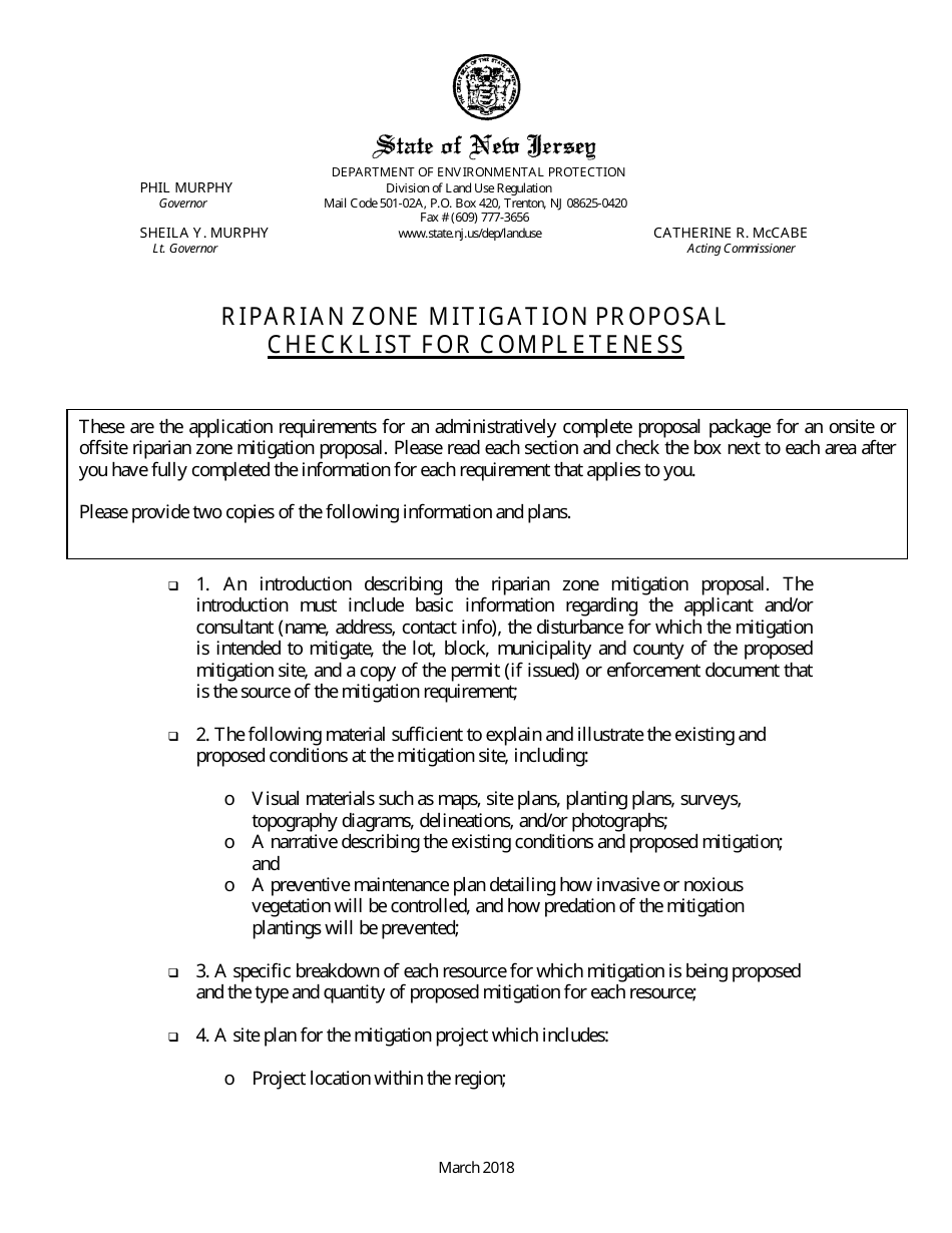 Riparian Zone Mitigation Proposal Checklist - New Jersey, Page 1