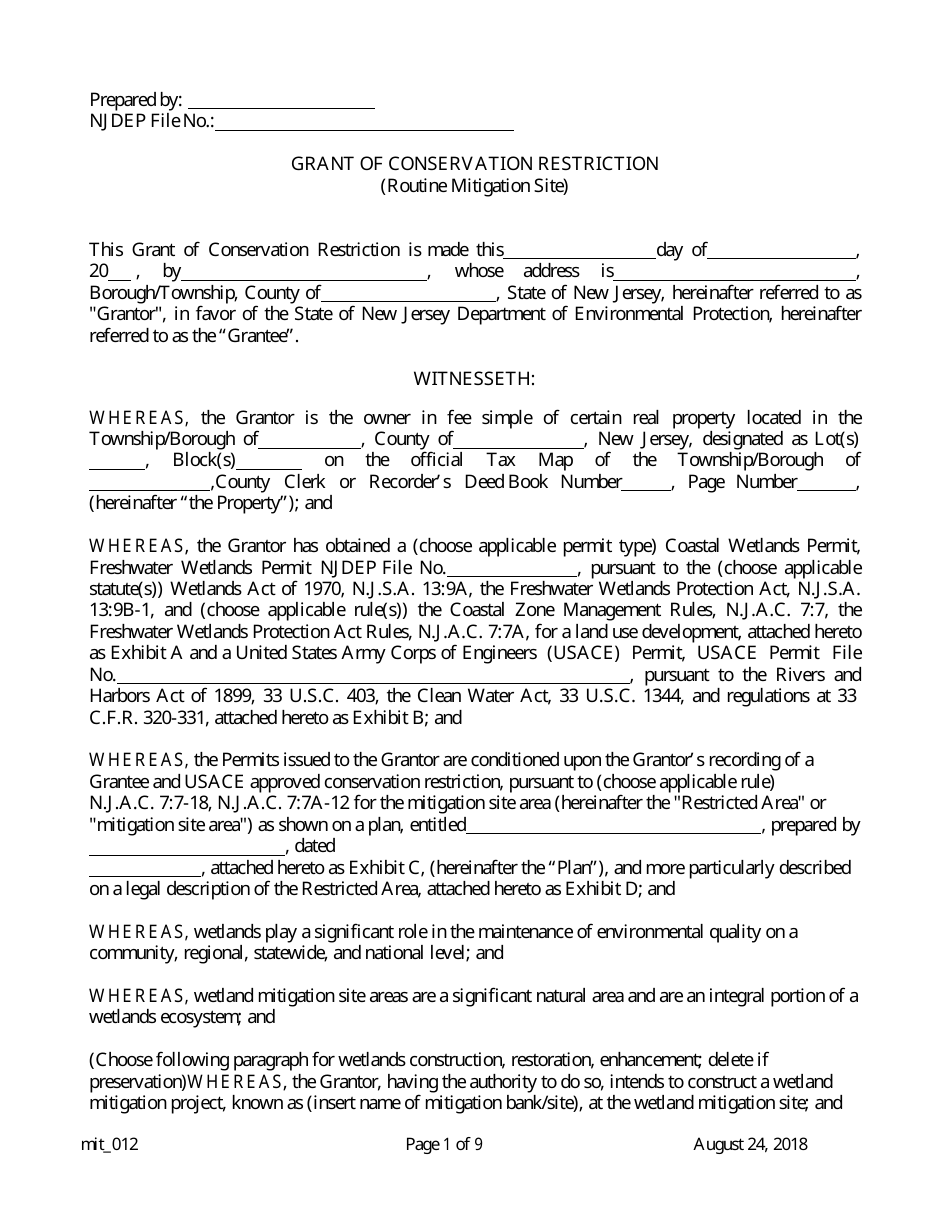 Grant of Conservation Restriction (Routine Mitigation Site) - New Jersey, Page 1