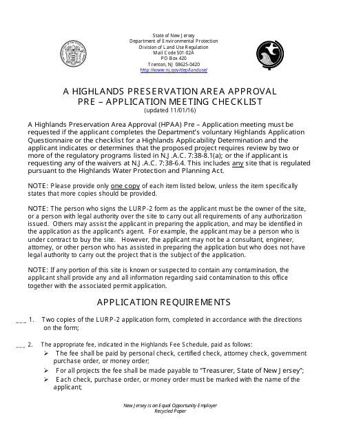 A Highlands Preservation Area Approval Pre-application Meeting Checklist - New Jersey Download Pdf
