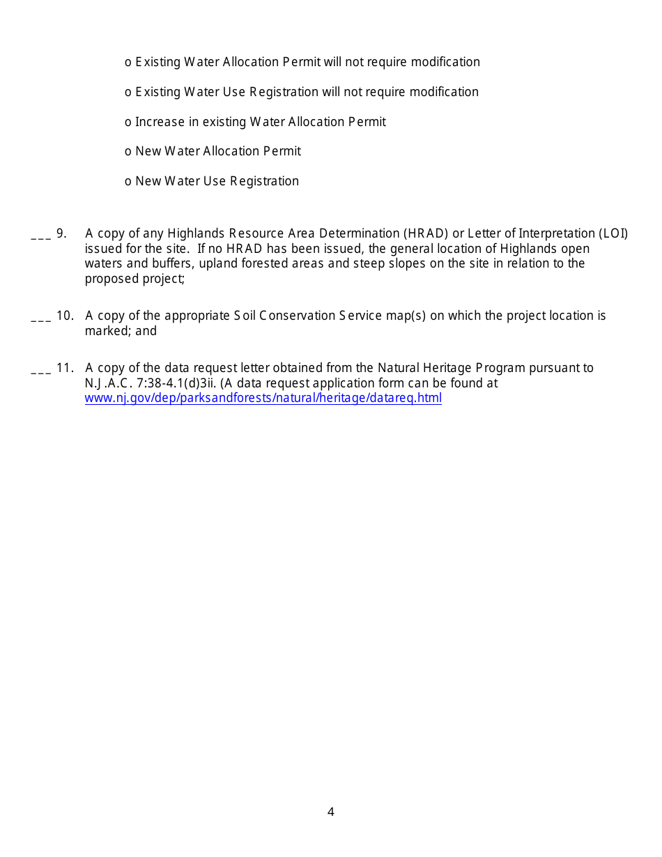 A Highlands Preservation Area Approval Pre-application Meeting Checklist - New Jersey, Page 4