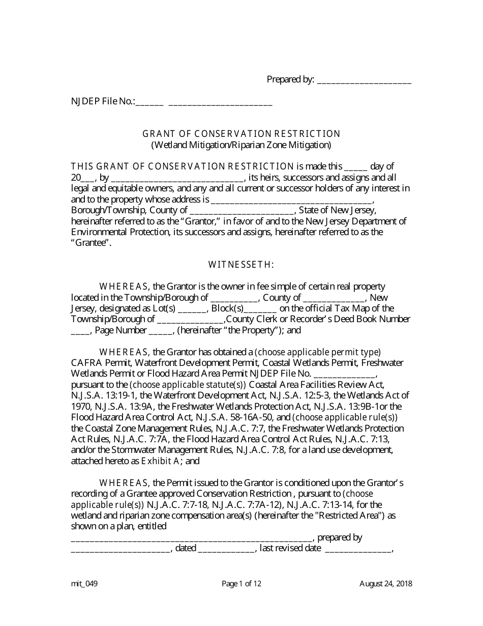 Grant of Conservation Restriction (Wetland Mitigation / Riparian Zone Mitigation) - New Jersey, Page 1
