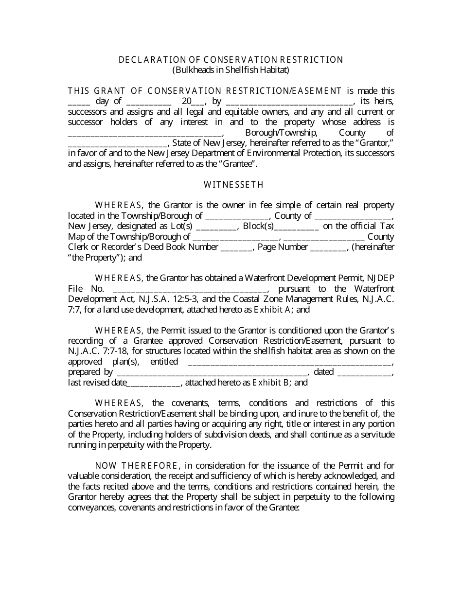 Declaration of Conservation Restriction (Bulkheads in Shellfish Habitat) - New Jersey, Page 1