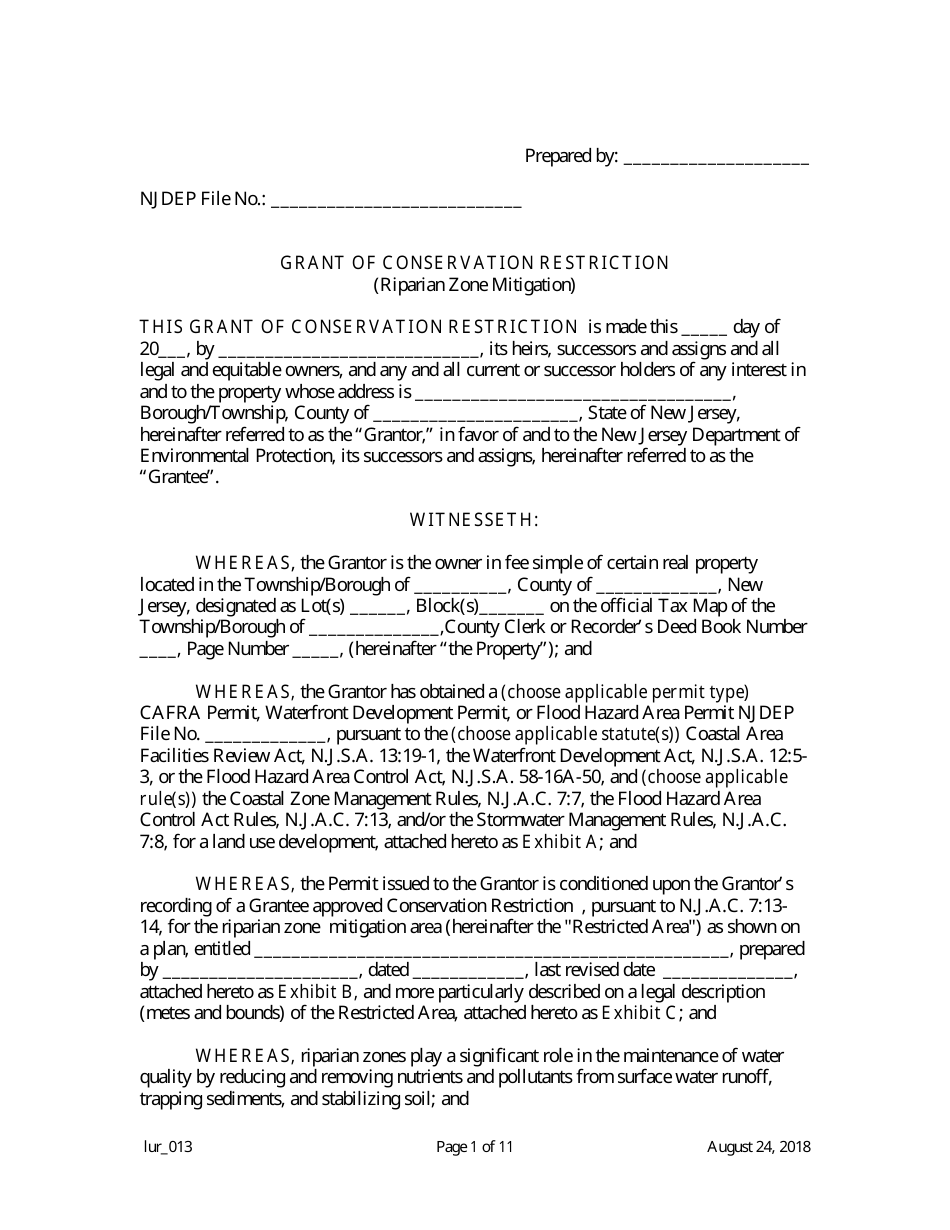 Grant of Conservation Restriction (Riparian Zone Mitigation) - New Jersey, Page 1