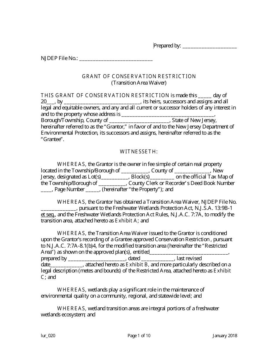 Grant of Conservation Restriction (Transition Area Waiver) - New Jersey, Page 1