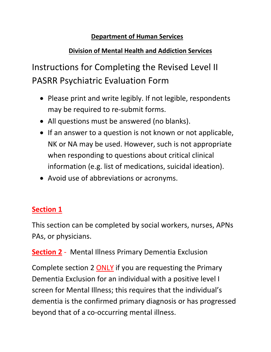 Instructions for Pasrr Level II Psychiatric Evaluation - New Jersey, Page 1