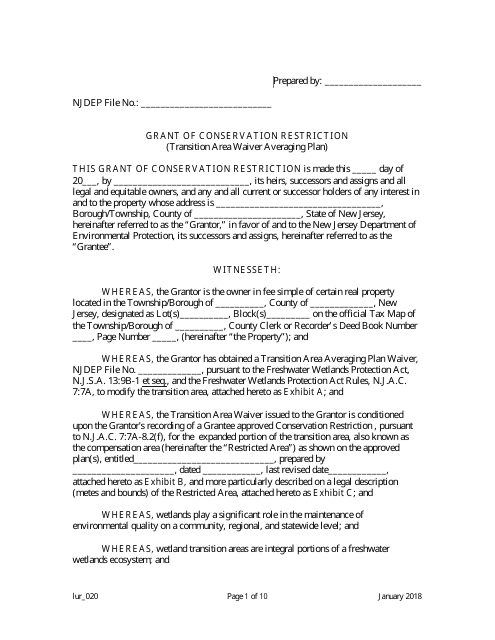 Grant of Conservation Restriction (Transition Area Waiver Averaging Plan) - New Jersey Download Pdf