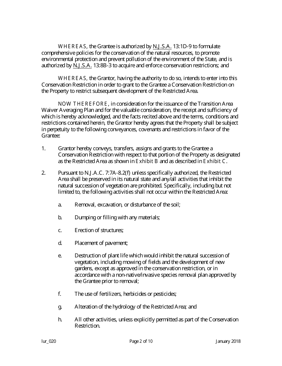 Grant of Conservation Restriction (Transition Area Waiver Averaging Plan) - New Jersey, Page 2