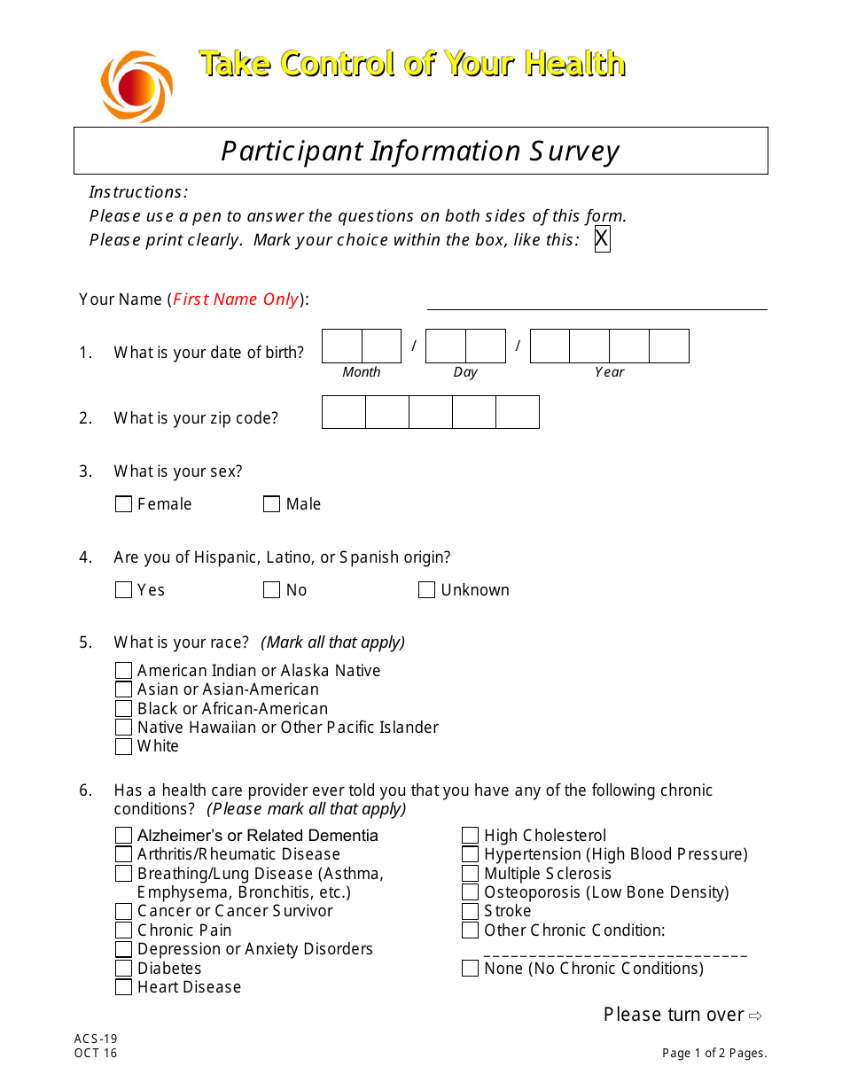 Form ACS-19 Participant Information Survey - New Jersey, Page 1