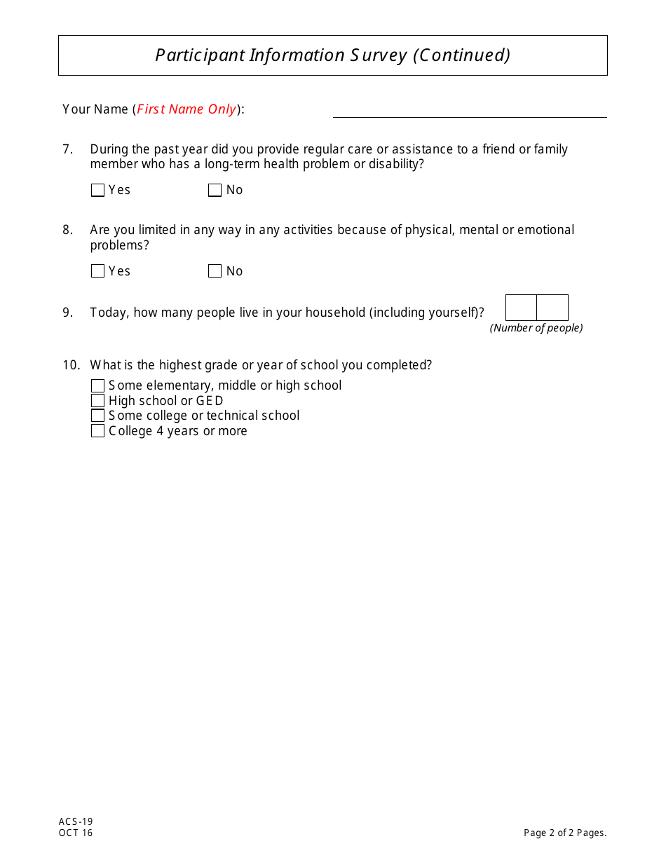 Form ACS-19 Participant Information Survey - New Jersey, Page 2
