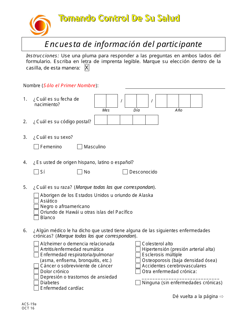 Formulario ACS-19A Encuesta De Informacion Del Participante - New Jersey (Spanish), Page 1