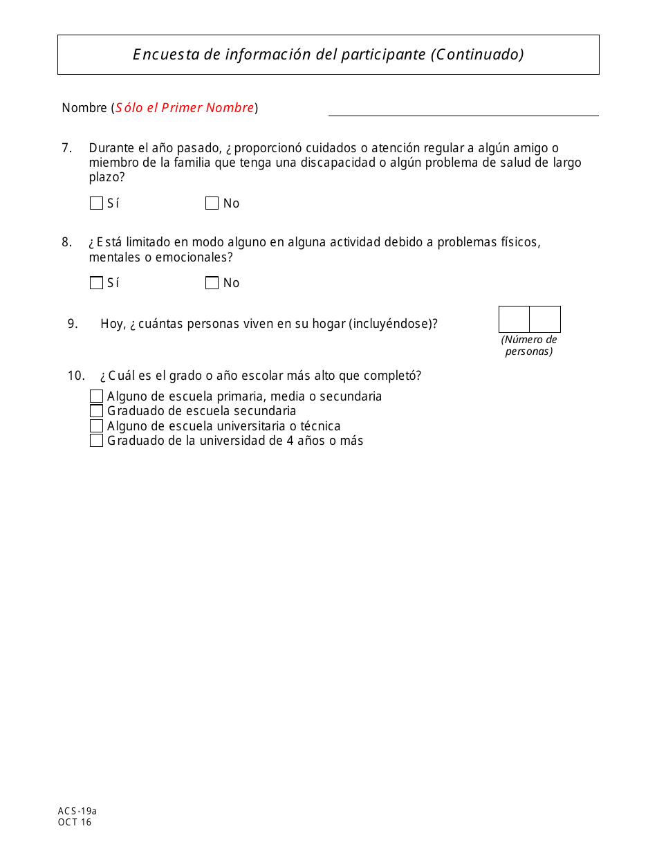 Formulario ACS-19A Encuesta De Informacion Del Participante - New Jersey (Spanish), Page 2