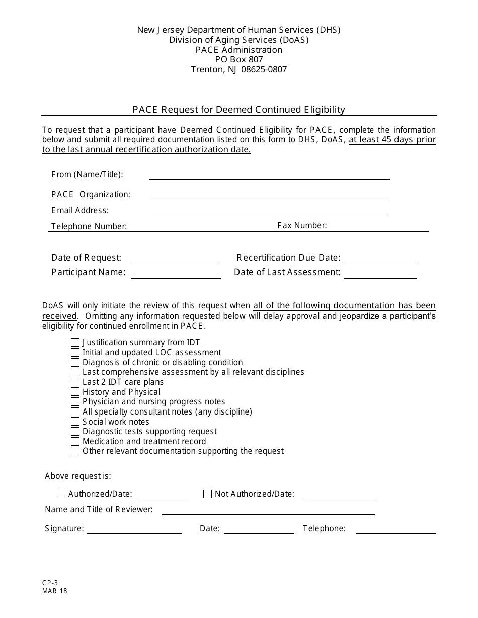 Form CP-3 Pace Request for Deemed Continued Eligibility - New Jersey, Page 1