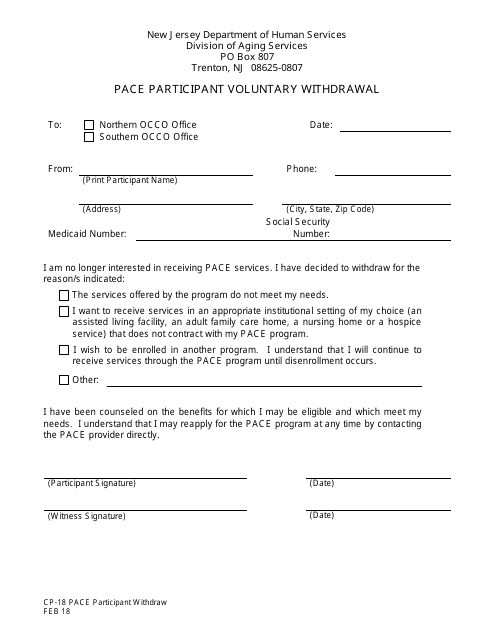 Form CP-18 Pace Participant Voluntary Withdrawal - New Jersey
