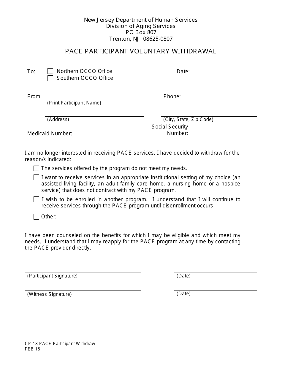 Form CP-18 Pace Participant Voluntary Withdrawal - New Jersey, Page 1
