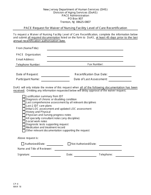 Form CP-4 Pace Request for Waiver of Nursing Facility Level of Care Recertification - New Jersey
