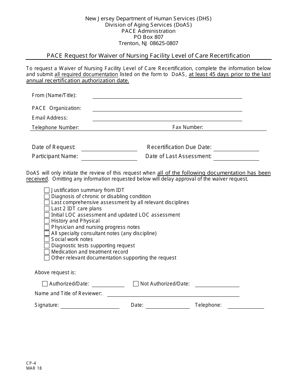 Form CP-4 Pace Request for Waiver of Nursing Facility Level of Care Recertification - New Jersey, Page 1