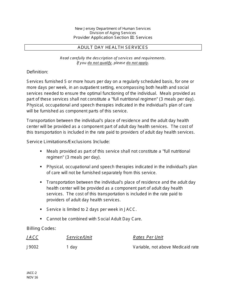 Form JACC-2 Section III Jacc Provider Application: Adult Day Health Services - New Jersey, Page 1