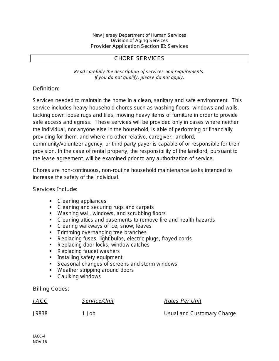 Form JACC-4 Section III Jacc Provider Application: Chore Services - New Jersey, Page 1