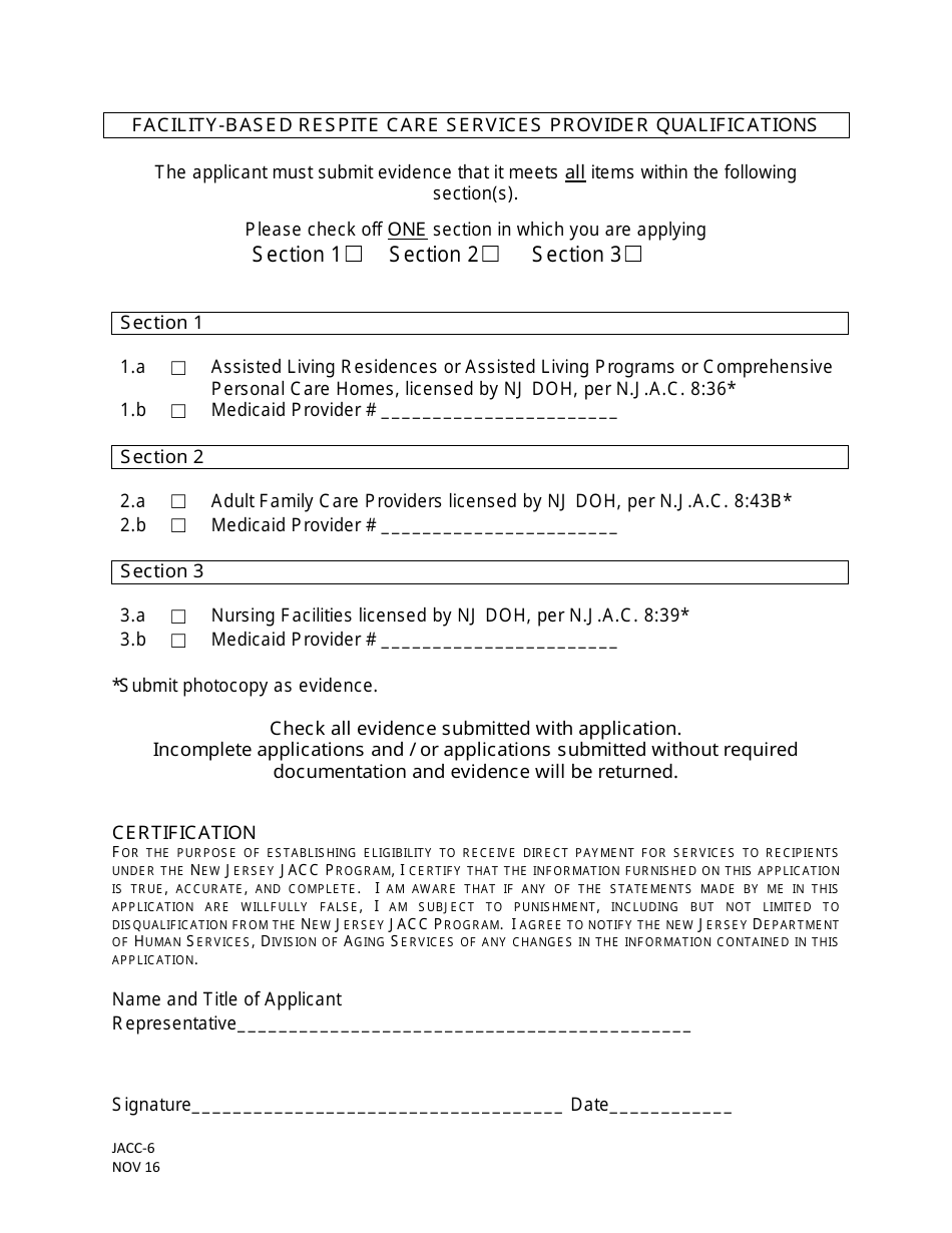 Form JACC-6 Section III Jacc Provider Application: Facility-Based Respite Care Services - New Jersey, Page 2